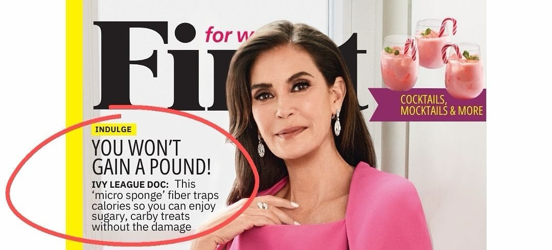 First for Women magazine cover with the text "you won't gain a pound!" circled