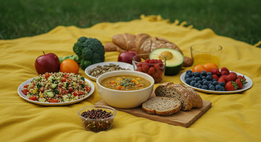 High-fiber low-carb foods on a picnic blanket outdoors