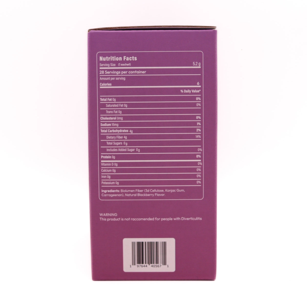 Monch Monch Forest Berry box side panel showing nutrition facts (5.2g serving size / 1 sachet, 0g fat, 0 mg cholesterol, 15 mg sodium, 4g total carbs, 4g dietary fiber, 0g protein), ingredients (3D cellulose, konjac gum, carrageenan, natural blackberry flavor), and a warning (this product isn't recommended for people with Diverticulitis)