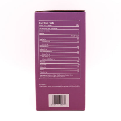 Monch Monch Forest Berry box side panel showing nutrition facts (5.2g serving size / 1 sachet, 0g fat, 0 mg cholesterol, 15 mg sodium, 4g total carbs, 4g dietary fiber, 0g protein), ingredients (3D cellulose, konjac gum, carrageenan, natural blackberry flavor), and a warning (this product isn't recommended for people with Diverticulitis)