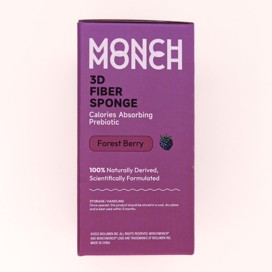 Monch Monch Forest Berry box side panel showing serving size (28 servings), flavor (forest berry), and storage/handling conditions (store in a cool, dry place and use within 3 months)