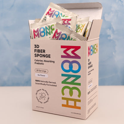 Monch Monch Original box front panel showing serving size (28 servings) and flavor (no flavor). Shows box with open lid with individual sachets popping out