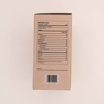 Monch Monch Original box side panel showing nutrition facts (4.2g serving size / 1 sachet, 0g fat, 0 mg cholesterol, 15 mg sodium, 4g total carbs, 3g dietary fiber, 0g protein), ingredients (3D cellulose, konjac gum, carrageenan), and a warning (this product isn't recommended for people with Diverticulitis)