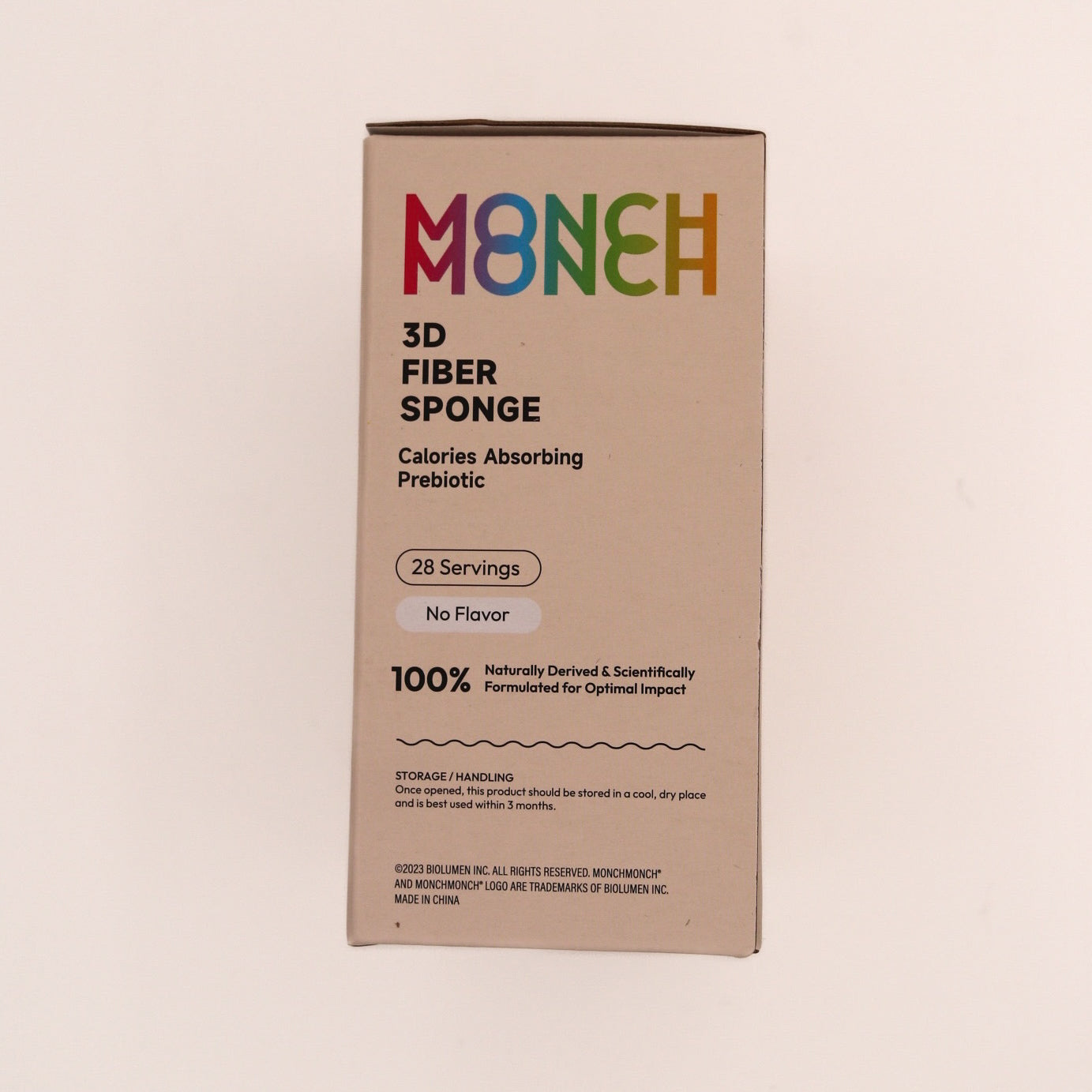 Monch Monch Original box side panel showing serving size (28 servings), flavor (no flavor), and storage/handling conditions (store in a cool, dry place and use within 3 months)