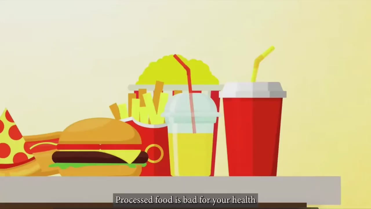 Load video: A cartoon animation depicting the mechanism of action for Monch Monch. The video depicts the expansion of the fiber product, absorption of carbs, feeding of the gut microbiome, and removal of excess calories. 